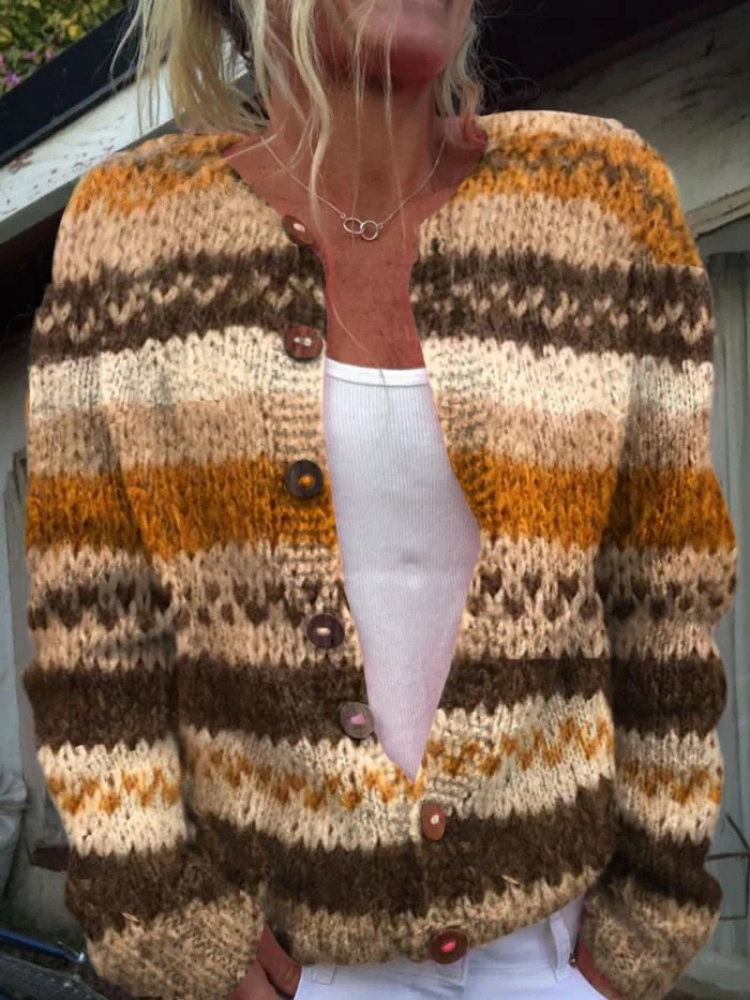 Cardigan con Bottoni a Righe e Stampa a Blocchi di Colore