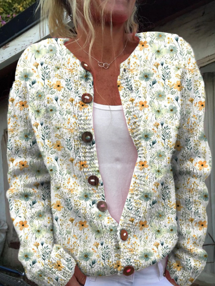 Maglione Cardigan Buttoned con Stampa a Ripetizione di Rose Francesi in Acquerello