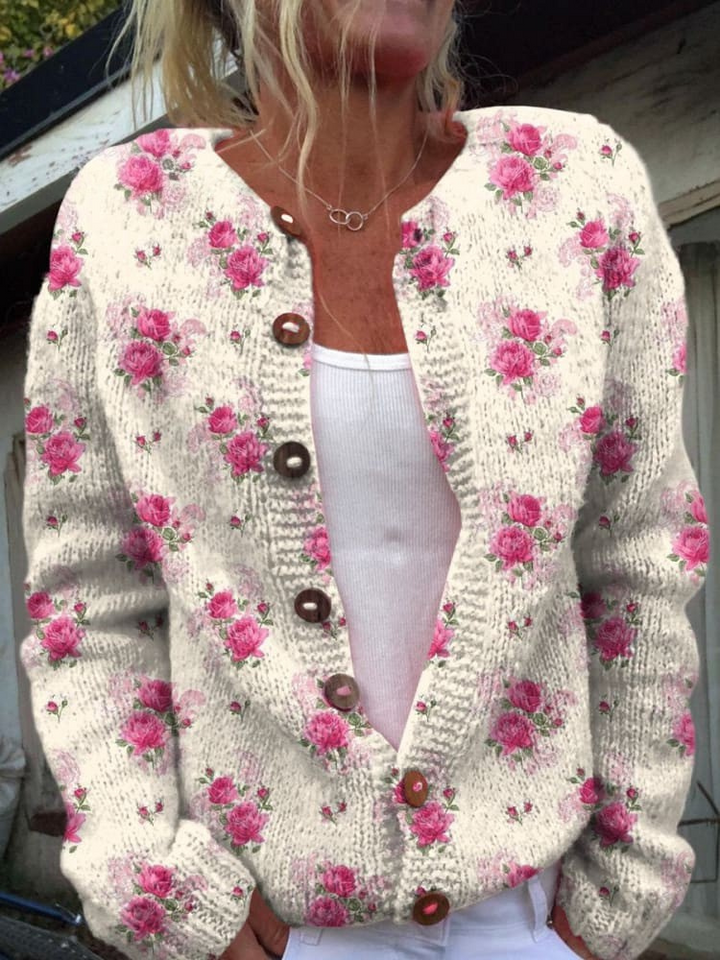 Maglione Cardigan Buttoned con Stampa a Ripetizione di Rose Francesi in Acquerello