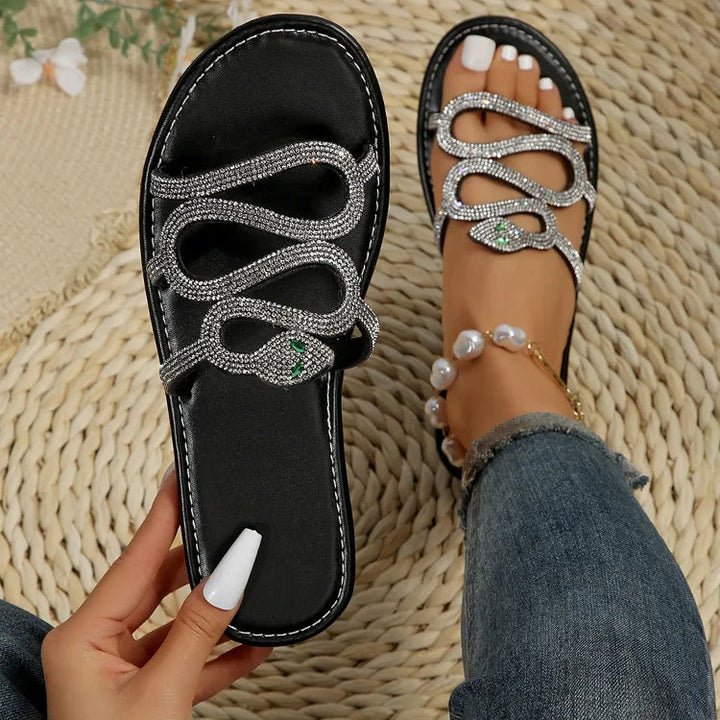 Pantofole a Forma di Serpente con Strass e Punta Rotonda