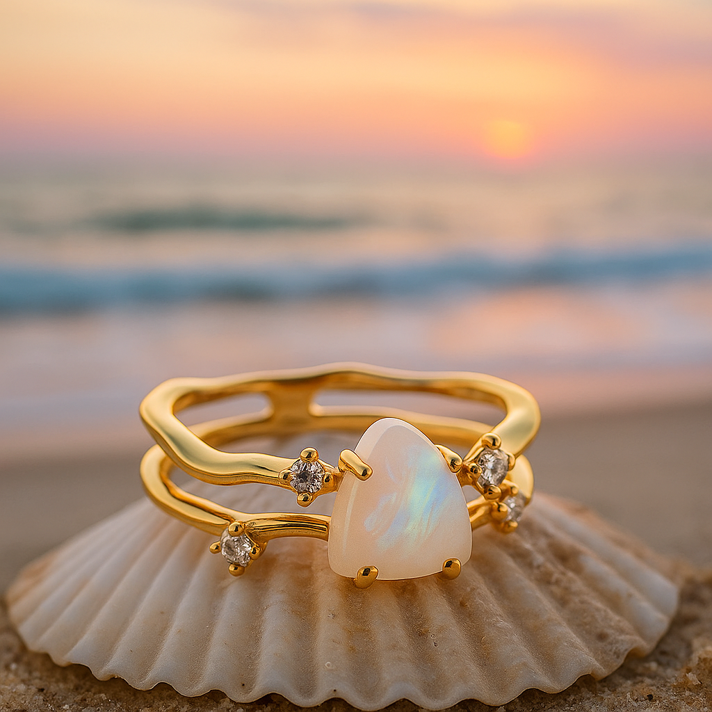 Alba di Mare | Anello dorato con pietra di luna e argento 925