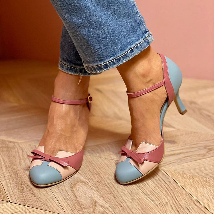 Color Block Bow Closed Round Toe Ankle Strap Stilettos
