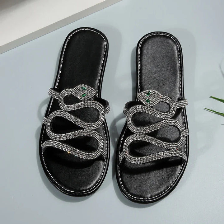 Pantofole a Forma di Serpente con Strass e Punta Rotonda