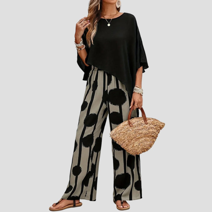 Milavie™ | Completo donna alla moda con top asimmetrico e pantalone stampato