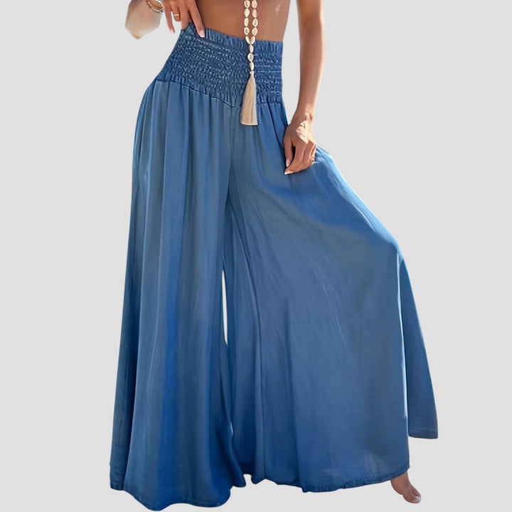 Women'S Casual Wide-Leg Flare Pants - Relaxed Fit, Light Blue, Perfect for Spring & Fall, Casual Attire|Flared Leg Pants|Shirred Detail