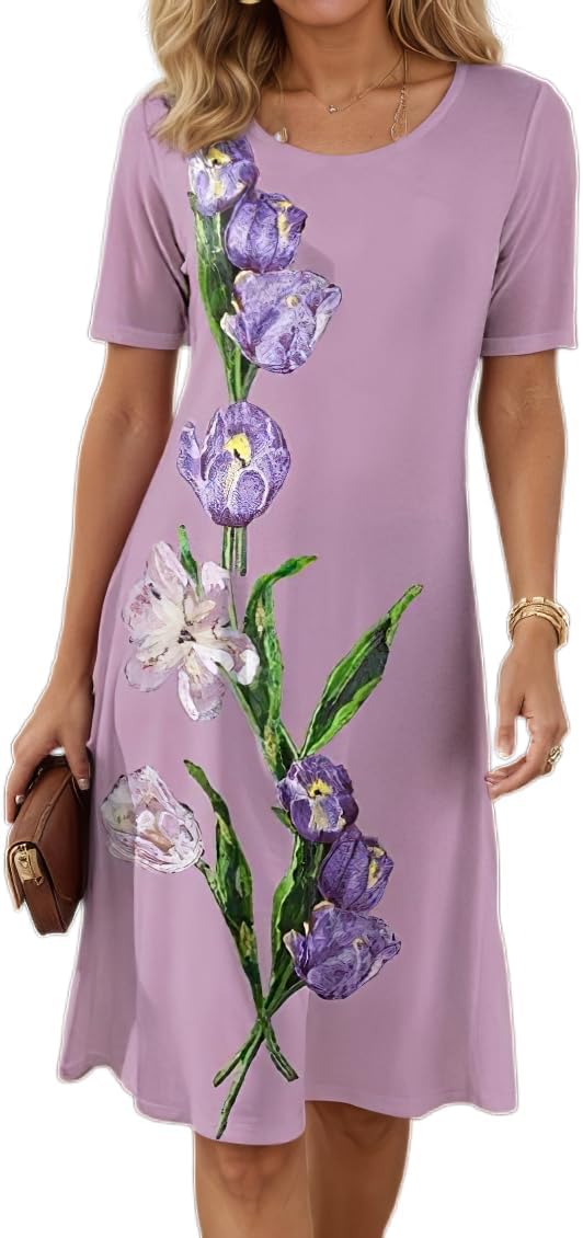 Women's Boho Floral Flowy Midi Dress Casual Loose Summer Short Sleeve Crewneck Tshirt Dresses