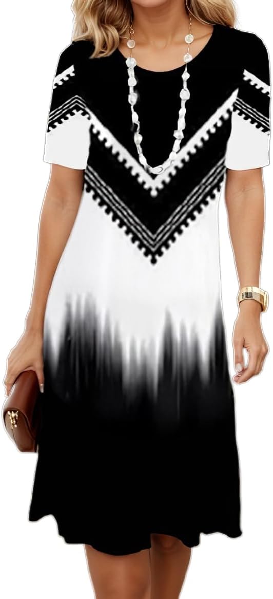Women's Boho Floral Flowy Midi Dress Casual Loose Summer Short Sleeve Crewneck Tshirt Dresses