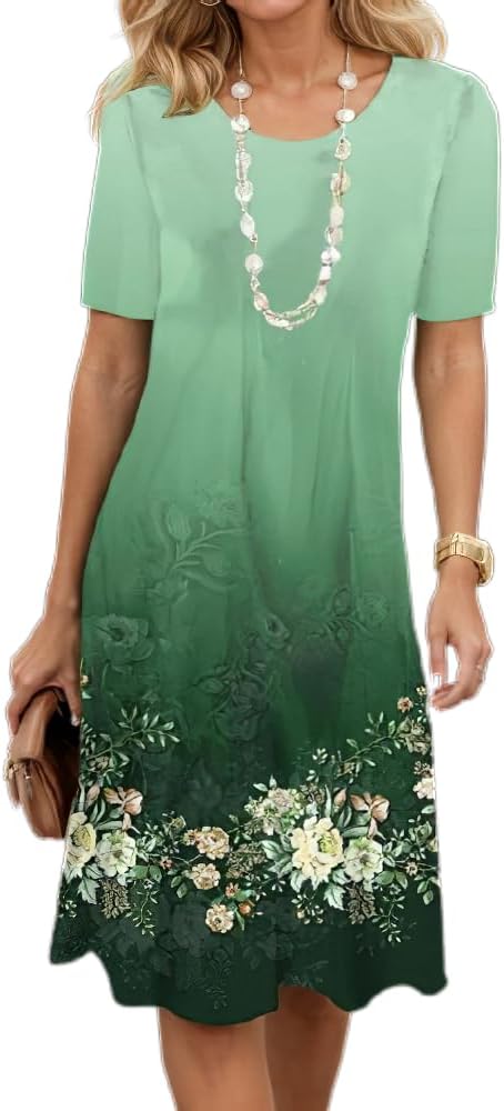 Women's Boho Floral Flowy Midi Dress Casual Loose Summer Short Sleeve Crewneck Tshirt Dresses