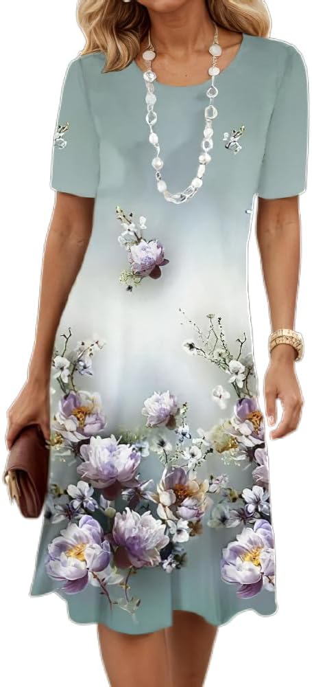 Women's Boho Floral Flowy Midi Dress Casual Loose Summer Short Sleeve Crewneck Tshirt Dresses