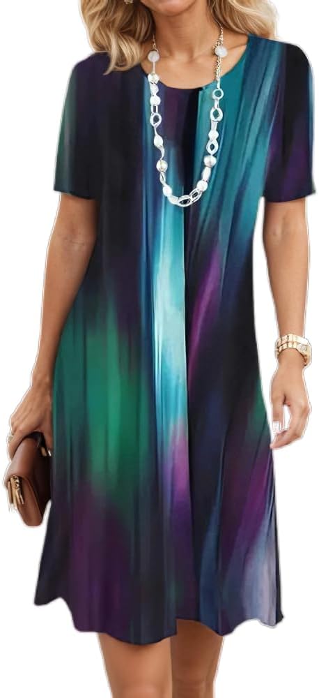 Women's Boho Floral Flowy Midi Dress Casual Loose Summer Short Sleeve Crewneck Tshirt Dresses