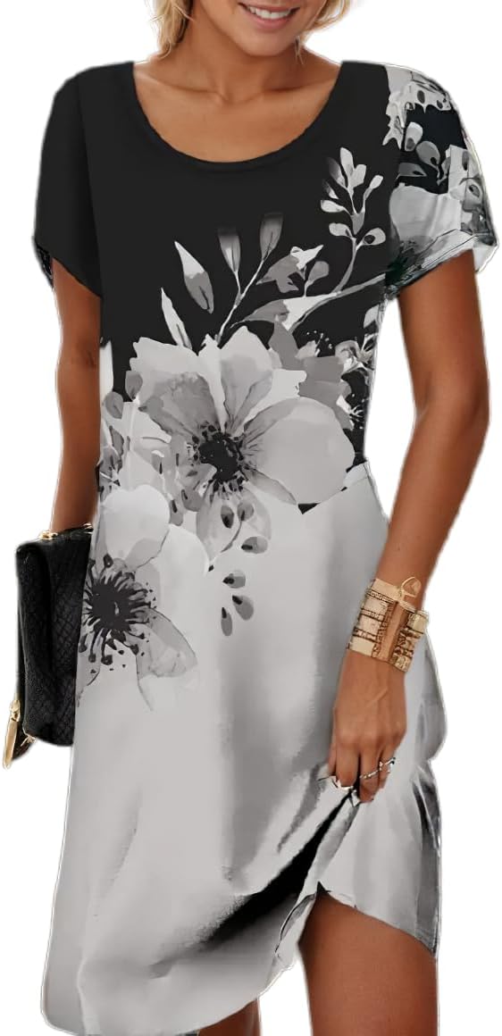 Women's Boho Floral Flowy Midi Dress Casual Loose Summer Short Sleeve Crewneck Tshirt Dresses