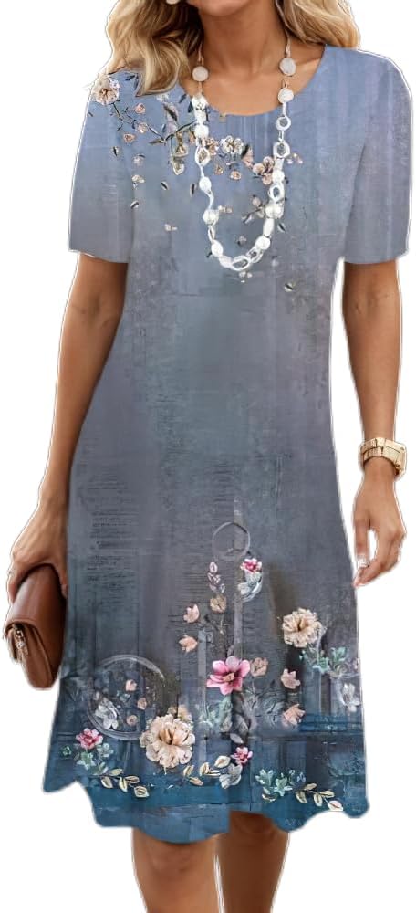 Women's Boho Floral Flowy Midi Dress Casual Loose Summer Short Sleeve Crewneck Tshirt Dresses