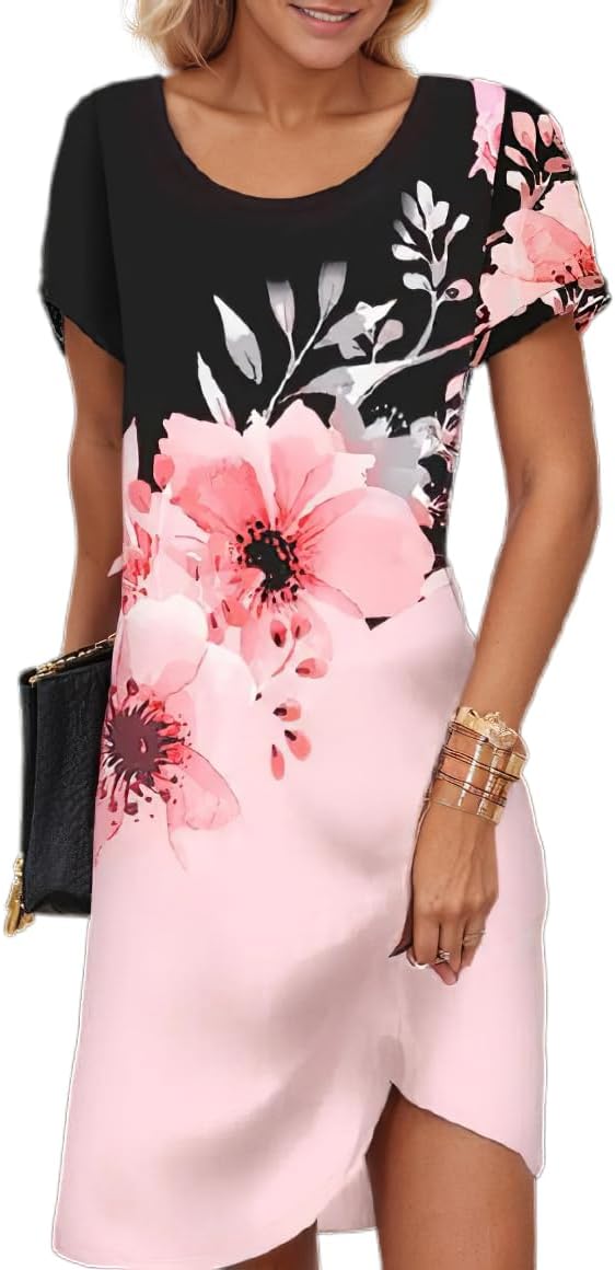 Women's Boho Floral Flowy Midi Dress Casual Loose Summer Short Sleeve Crewneck Tshirt Dresses