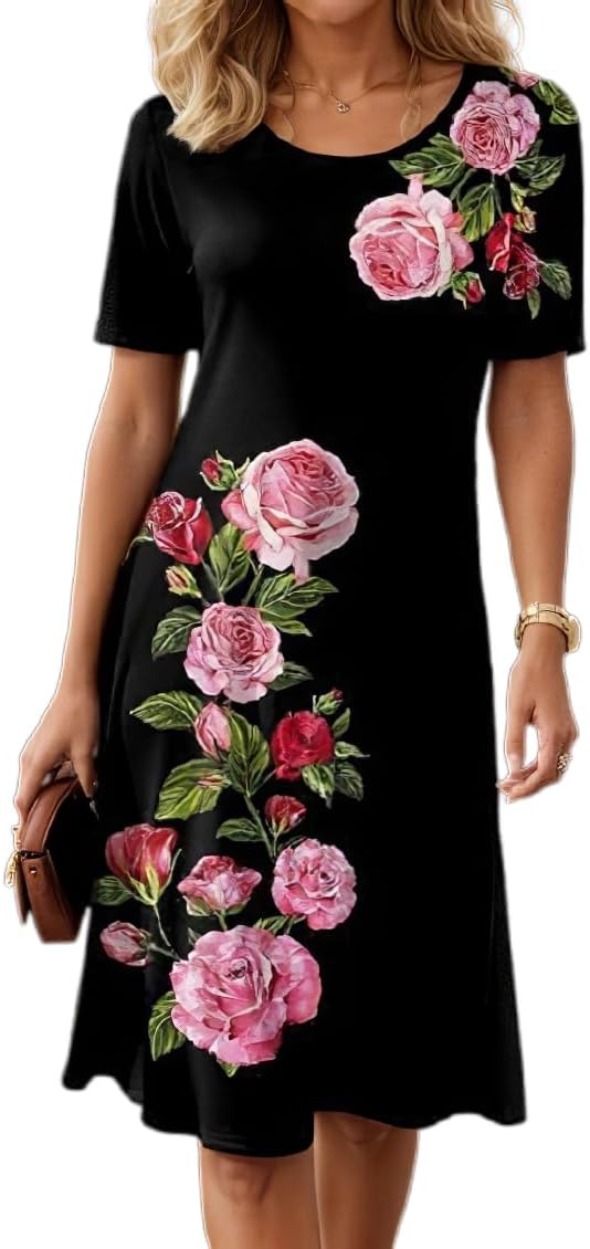 Women's Boho Floral Flowy Midi Dress Casual Loose Summer Short Sleeve Crewneck Tshirt Dresses
