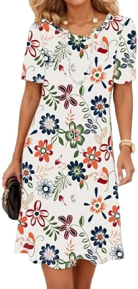 Women's Boho Floral Flowy Midi Dress Casual Loose Summer Short Sleeve Crewneck Tshirt Dresses