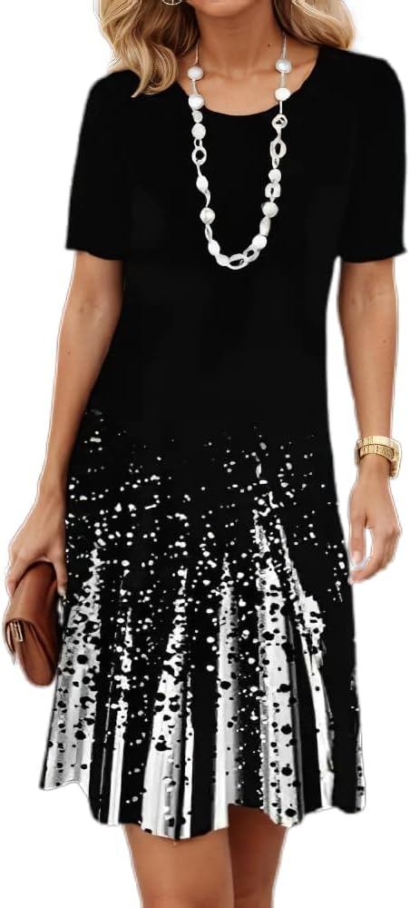 Women's Boho Floral Flowy Midi Dress Casual Loose Summer Short Sleeve Crewneck Tshirt Dresses
