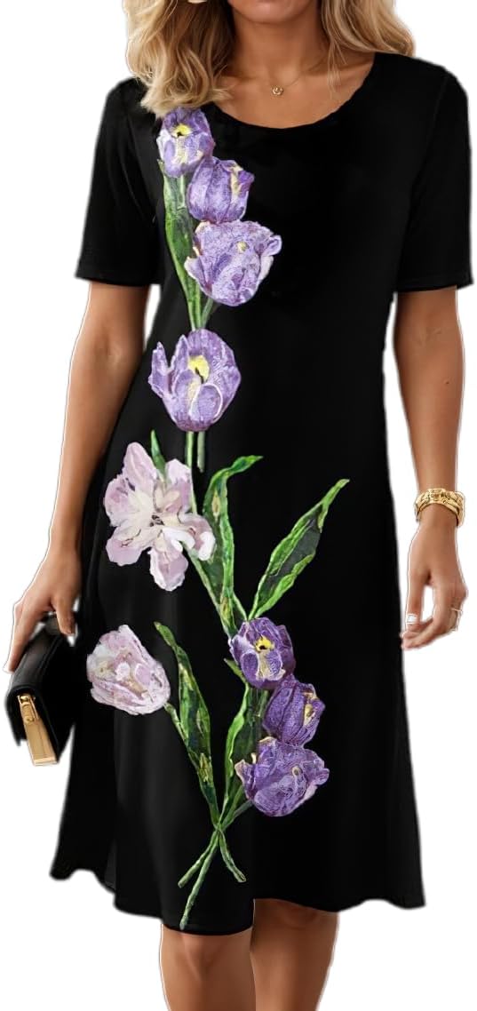 Women's Boho Floral Flowy Midi Dress Casual Loose Summer Short Sleeve Crewneck Tshirt Dresses