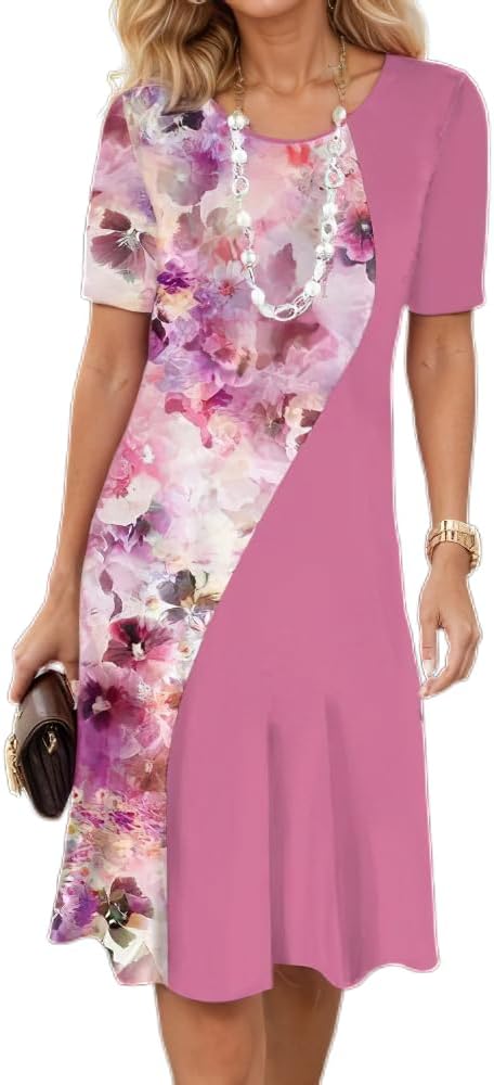 Women's Boho Floral Flowy Midi Dress Casual Loose Summer Short Sleeve Crewneck Tshirt Dresses