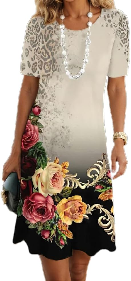 Women's Boho Floral Flowy Midi Dress Casual Loose Summer Short Sleeve Crewneck Tshirt Dresses