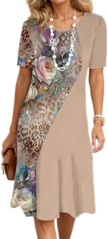 Women's Boho Floral Flowy Midi Dress Casual Loose Summer Short Sleeve Crewneck Tshirt Dresses