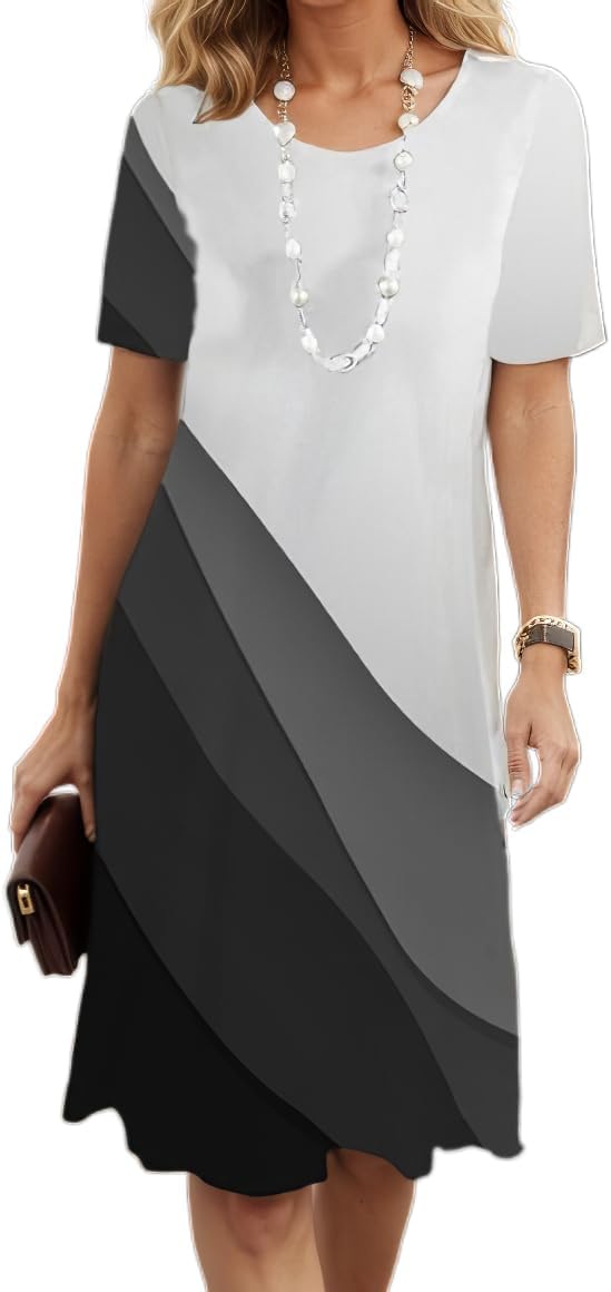 Women's Boho Floral Flowy Midi Dress Casual Loose Summer Short Sleeve Crewneck Tshirt Dresses