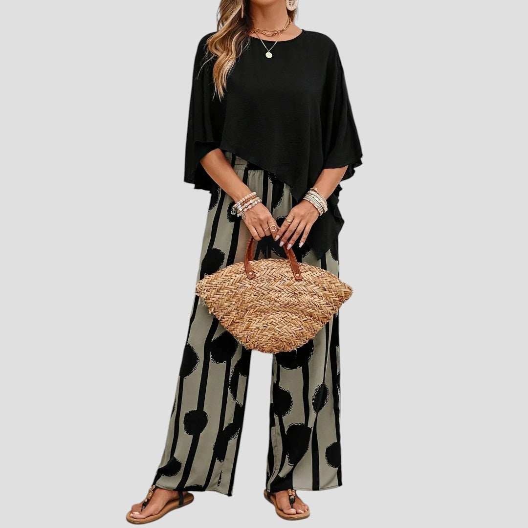 Milavie™ | Completo donna alla moda con top asimmetrico e pantalone stampato