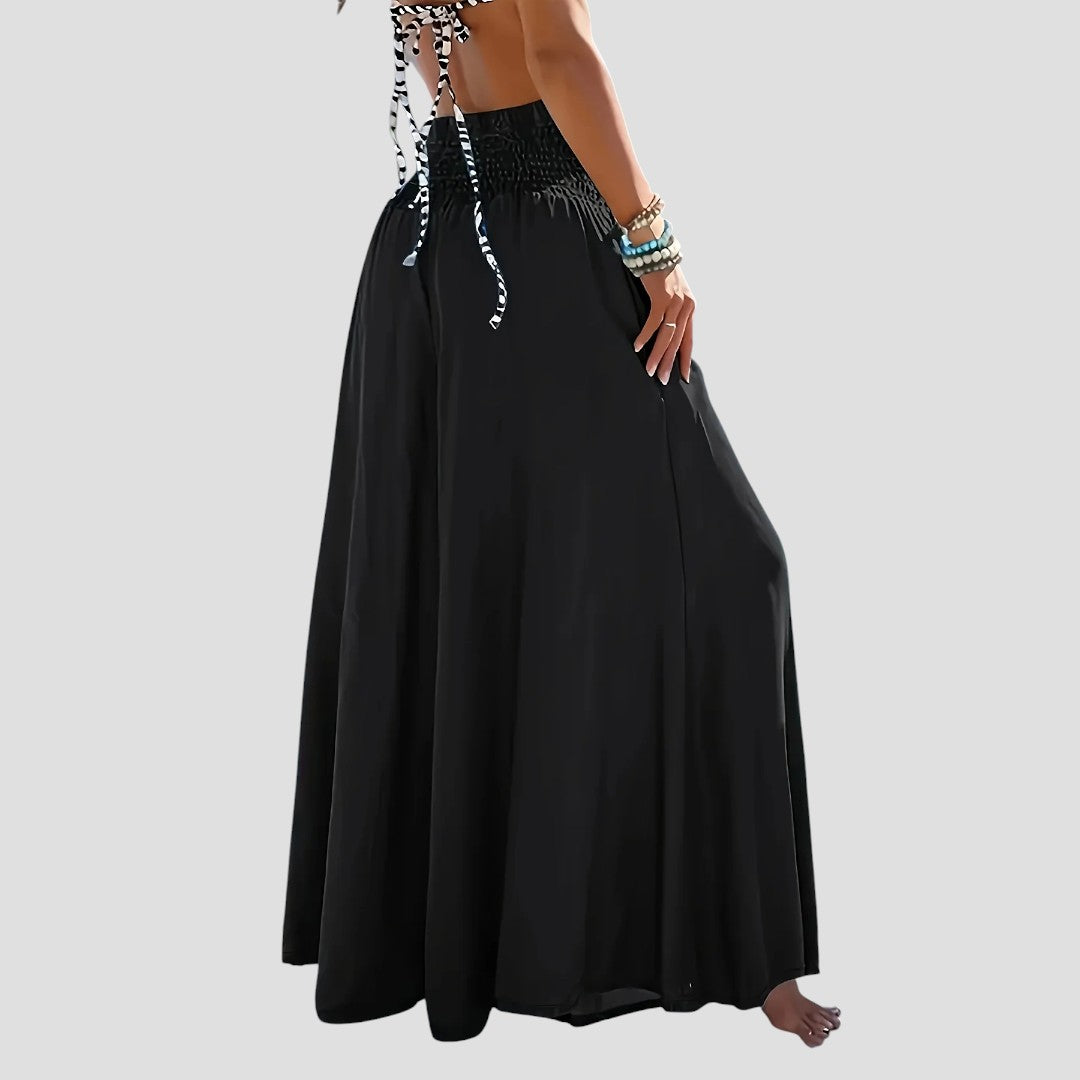 Women'S Casual Wide-Leg Flare Pants - Relaxed Fit, Light Blue, Perfect for Spring & Fall, Casual Attire|Flared Leg Pants|Shirred Detail