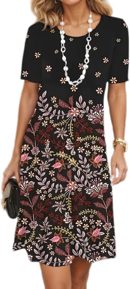 Women's Boho Floral Flowy Midi Dress Casual Loose Summer Short Sleeve Crewneck Tshirt Dresses