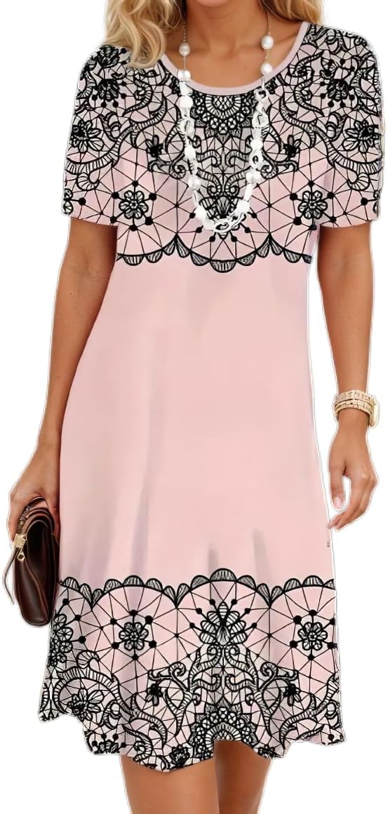 Women's Boho Floral Flowy Midi Dress Casual Loose Summer Short Sleeve Crewneck Tshirt Dresses