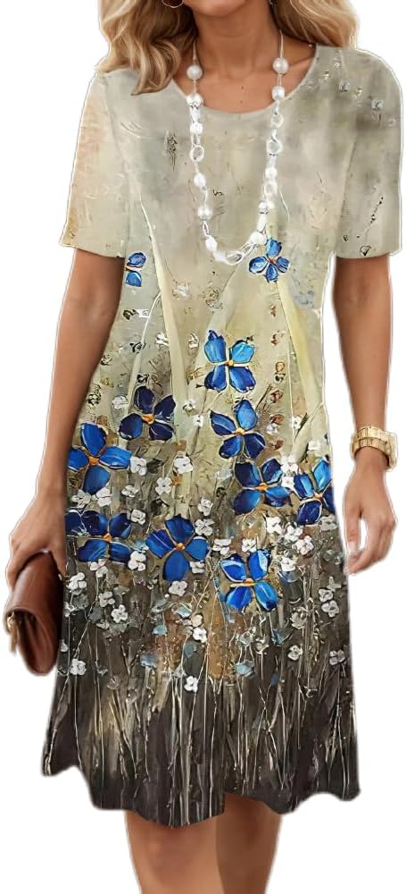 Women's Boho Floral Flowy Midi Dress Casual Loose Summer Short Sleeve Crewneck Tshirt Dresses