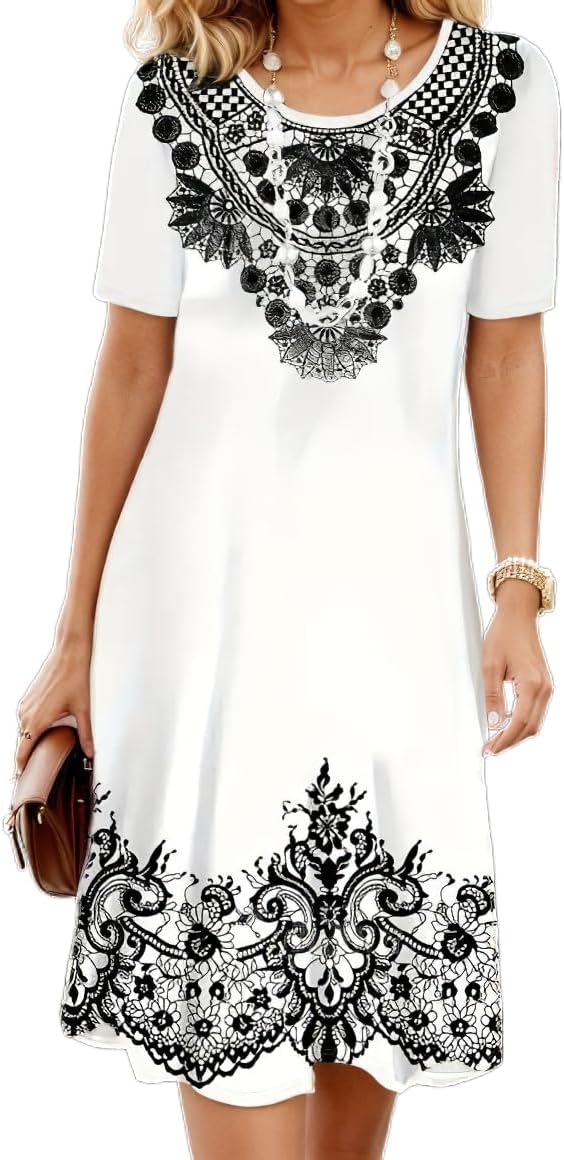 Women's Boho Floral Flowy Midi Dress Casual Loose Summer Short Sleeve Crewneck Tshirt Dresses