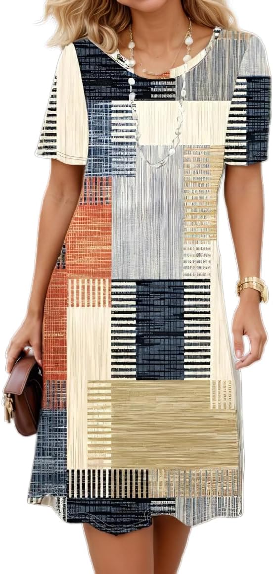 Women's Boho Floral Flowy Midi Dress Casual Loose Summer Short Sleeve Crewneck Tshirt Dresses