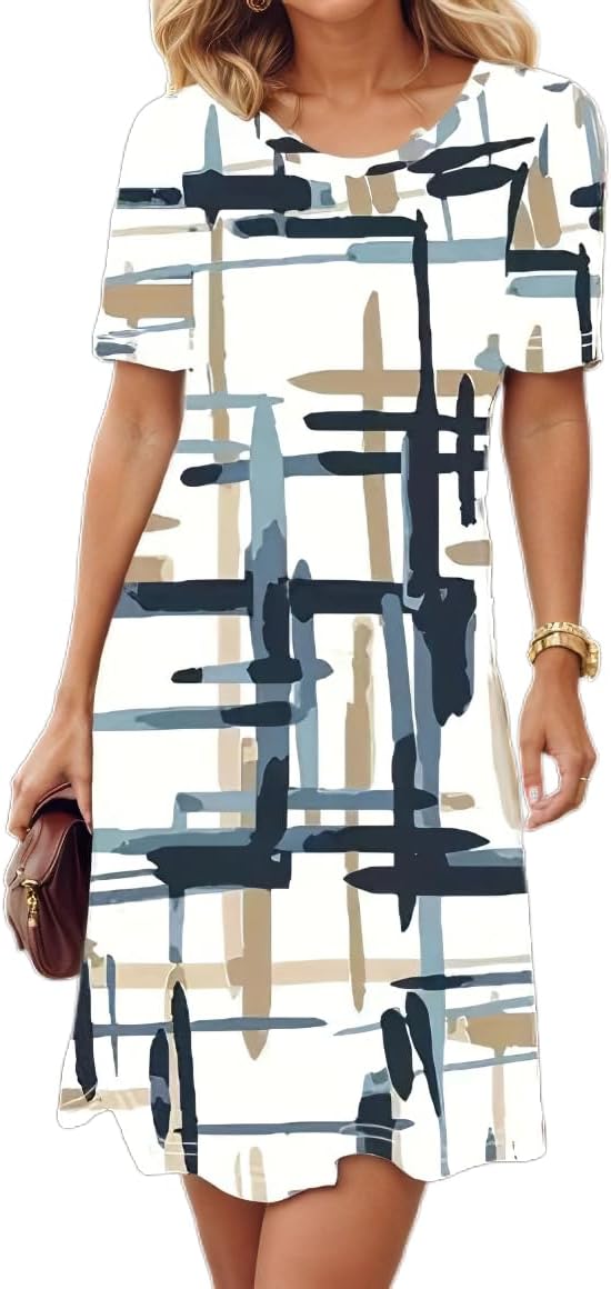 Women's Boho Floral Flowy Midi Dress Casual Loose Summer Short Sleeve Crewneck Tshirt Dresses