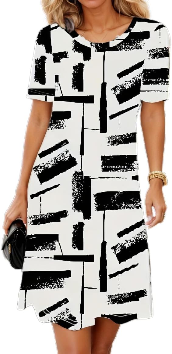 Women's Boho Floral Flowy Midi Dress Casual Loose Summer Short Sleeve Crewneck Tshirt Dresses