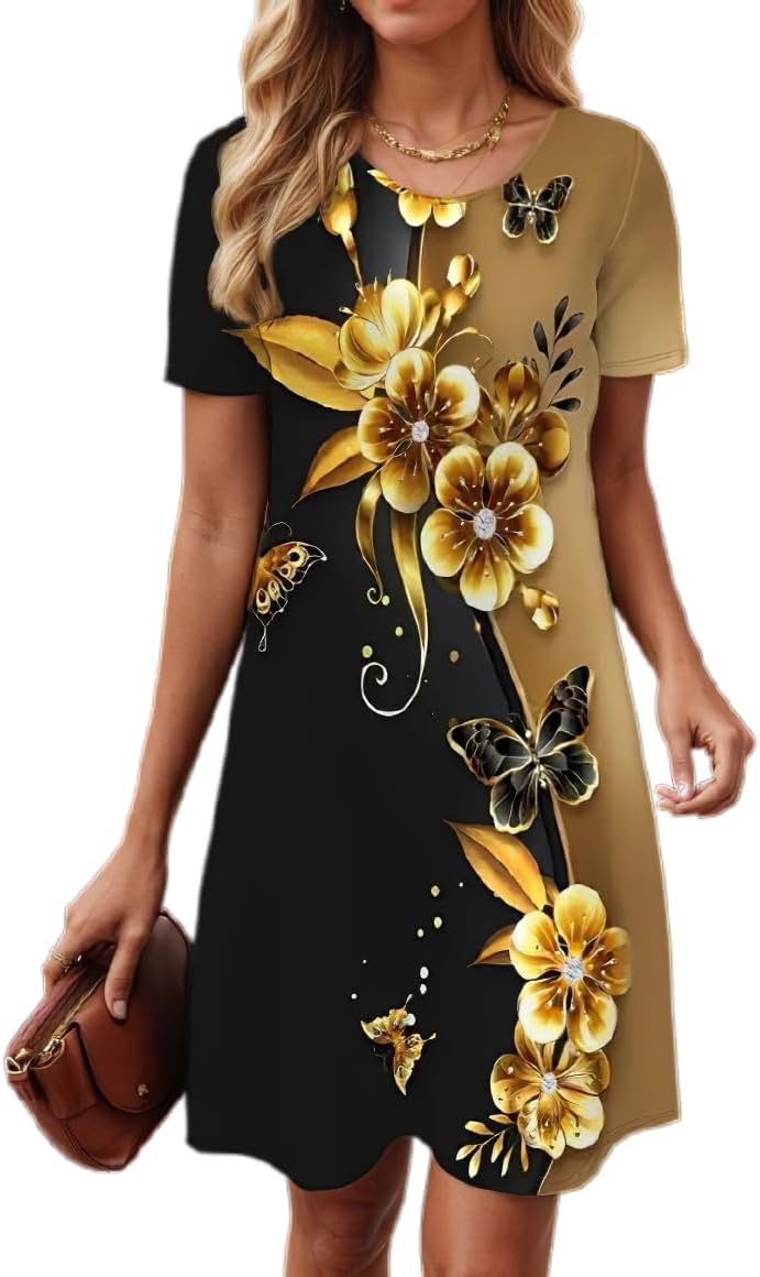 Women's Boho Floral Flowy Midi Dress Casual Loose Summer Short Sleeve Crewneck Tshirt Dresses