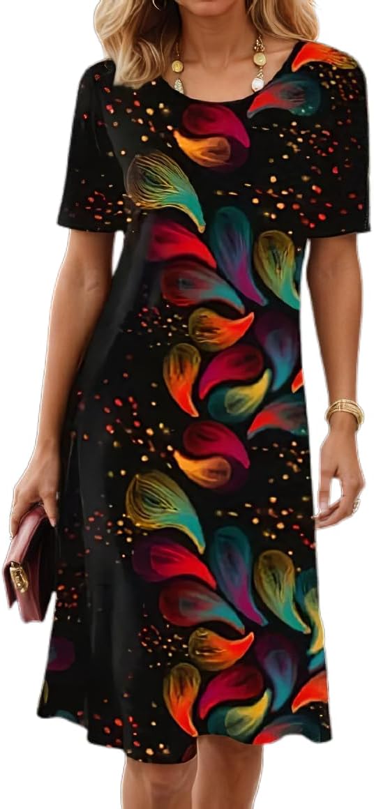 Women's Boho Floral Flowy Midi Dress Casual Loose Summer Short Sleeve Crewneck Tshirt Dresses