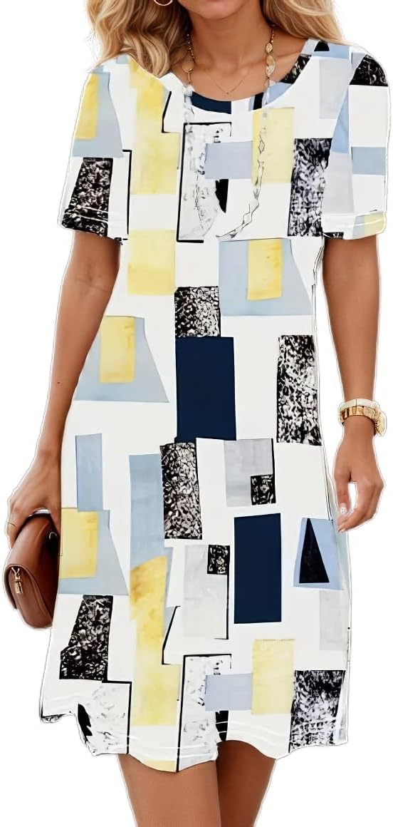 Women's Boho Floral Flowy Midi Dress Casual Loose Summer Short Sleeve Crewneck Tshirt Dresses