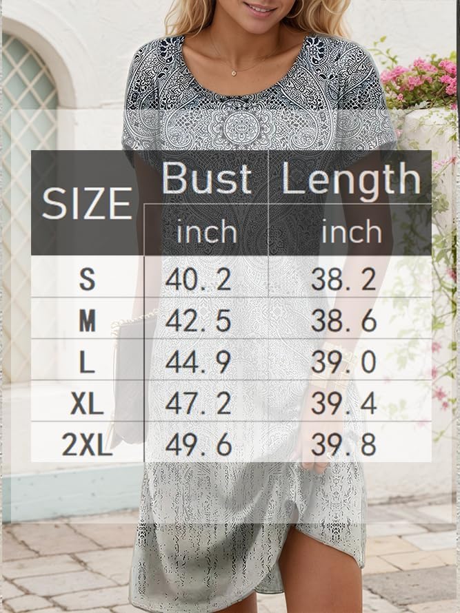 Women's Boho Floral Flowy Midi Dress Casual Loose Summer Short Sleeve Crewneck Tshirt Dresses