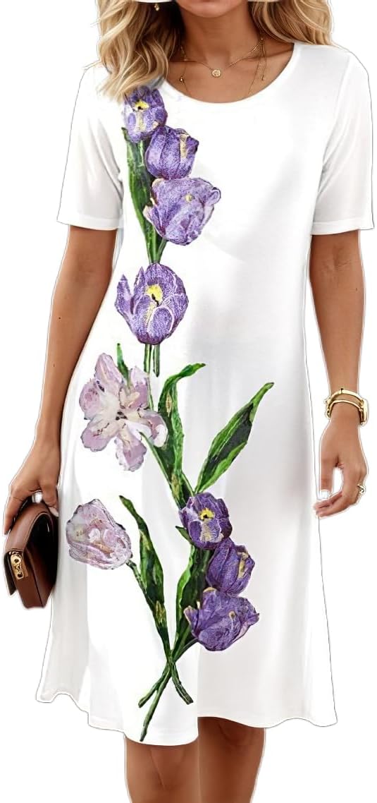 Women's Boho Floral Flowy Midi Dress Casual Loose Summer Short Sleeve Crewneck Tshirt Dresses