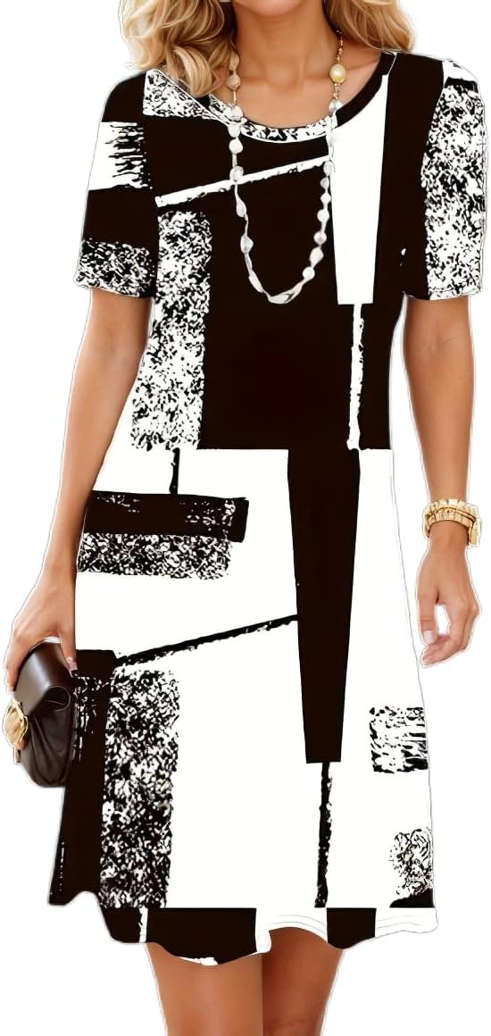 Women's Boho Floral Flowy Midi Dress Casual Loose Summer Short Sleeve Crewneck Tshirt Dresses