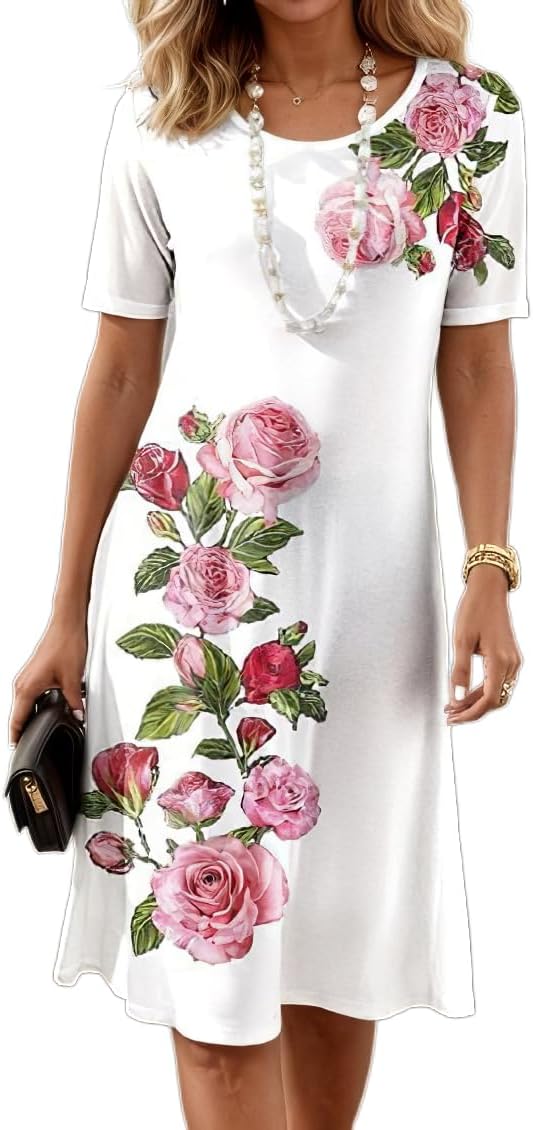 Women's Boho Floral Flowy Midi Dress Casual Loose Summer Short Sleeve Crewneck Tshirt Dresses