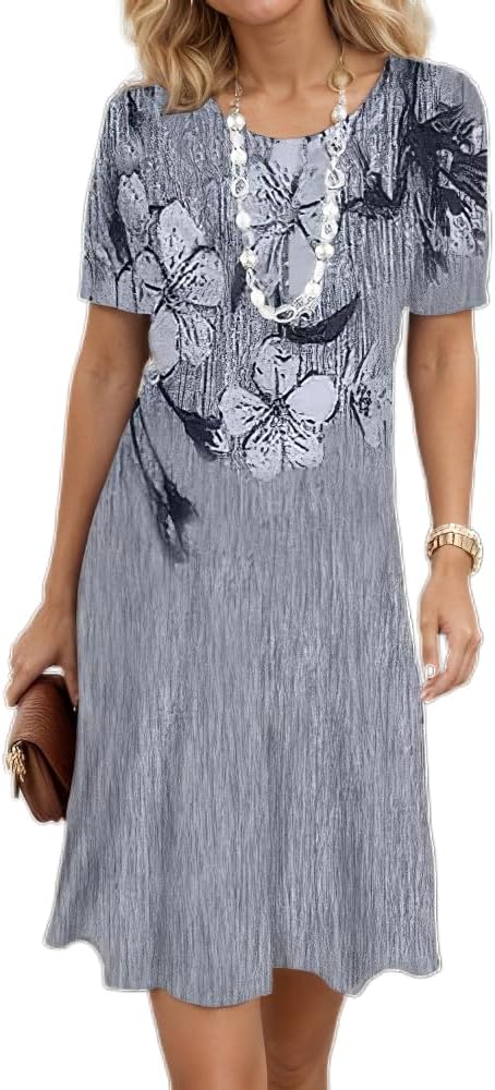 Women's Boho Floral Flowy Midi Dress Casual Loose Summer Short Sleeve Crewneck Tshirt Dresses