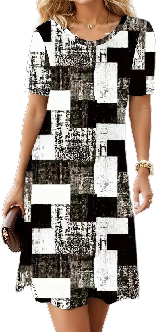 Women's Boho Floral Flowy Midi Dress Casual Loose Summer Short Sleeve Crewneck Tshirt Dresses