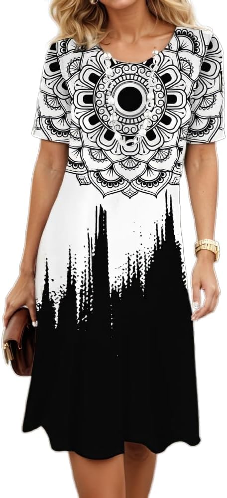 Women's Boho Floral Flowy Midi Dress Casual Loose Summer Short Sleeve Crewneck Tshirt Dresses