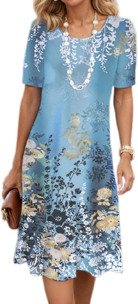 Women's Boho Floral Flowy Midi Dress Casual Loose Summer Short Sleeve Crewneck Tshirt Dresses