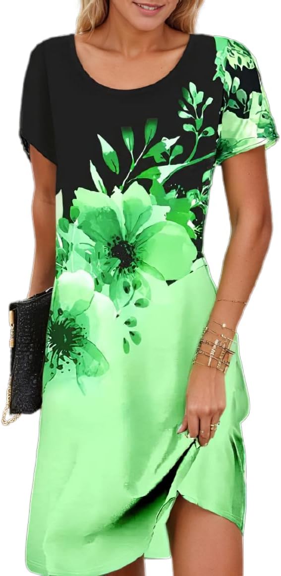 Women's Boho Floral Flowy Midi Dress Casual Loose Summer Short Sleeve Crewneck Tshirt Dresses