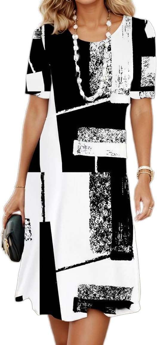 Women's Boho Floral Flowy Midi Dress Casual Loose Summer Short Sleeve Crewneck Tshirt Dresses