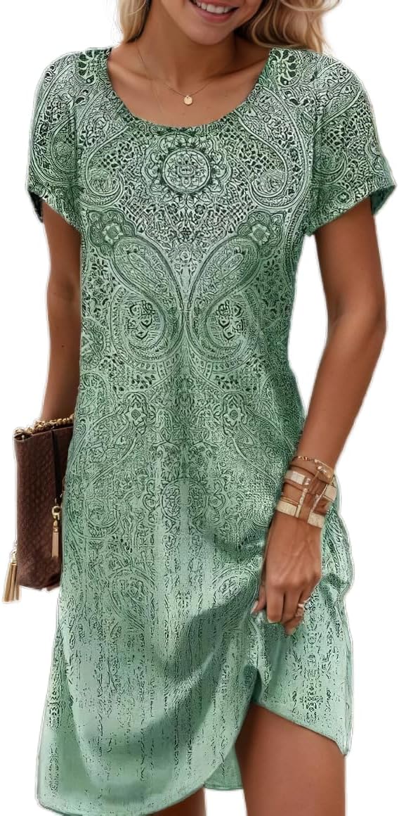 Women's Boho Floral Flowy Midi Dress Casual Loose Summer Short Sleeve Crewneck Tshirt Dresses