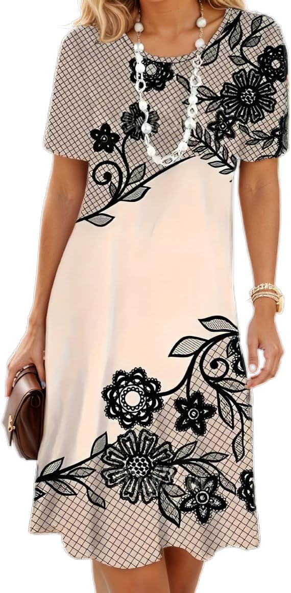 Women's Boho Floral Flowy Midi Dress Casual Loose Summer Short Sleeve Crewneck Tshirt Dresses