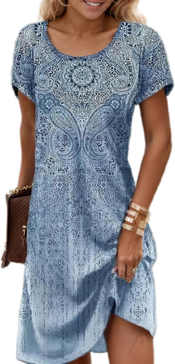 Women's Boho Floral Flowy Midi Dress Casual Loose Summer Short Sleeve Crewneck Tshirt Dresses